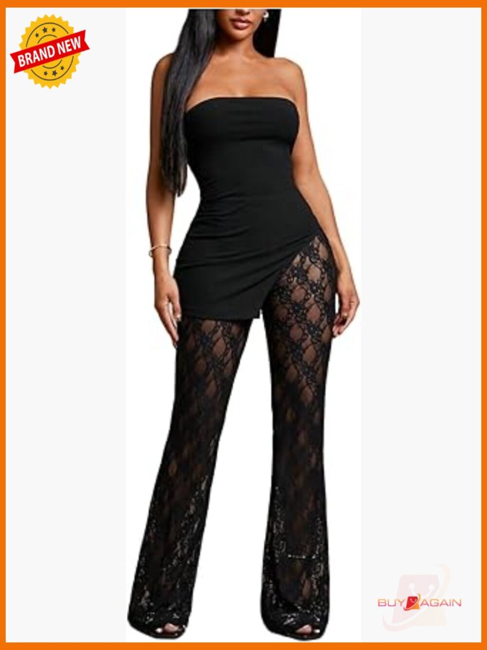 Strapless Tube Top & Flare Leg Lace Pants 2-Piece Set Going Out Outfit